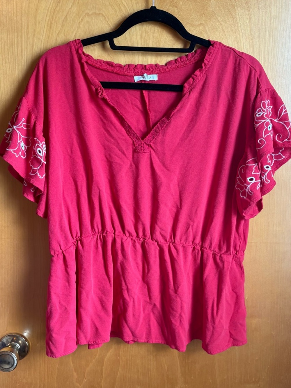 Maurices Pink Embroidered Peplum Blouse XXL Boho Short Sleeve Top